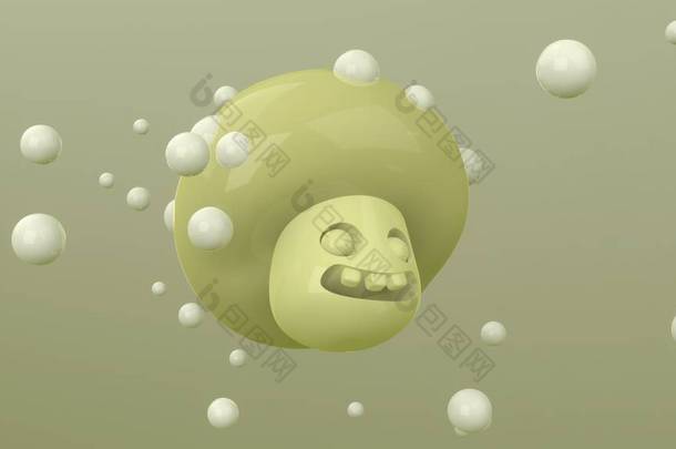 三维呈现的蘑菇特征<strong>图片</strong>在绿色背景与浮动气泡。摘要墙纸。<strong>动态</strong>壁纸。现代封面设计。3D插图.