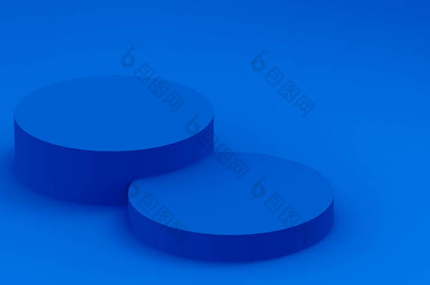 3D蓝色圆筒讲台最小工作室背景。摘要三维<strong>几何形</strong>体图解绘制.技术产品的展示.
