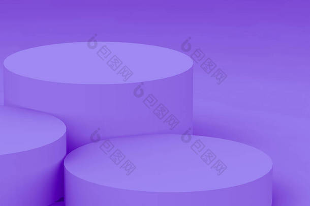 3D紫色<strong>圆柱</strong>形讲台最小工作室<strong>背景</strong>。摘要三维几何形体图解绘制.化妆品香水时尚产品的展示.