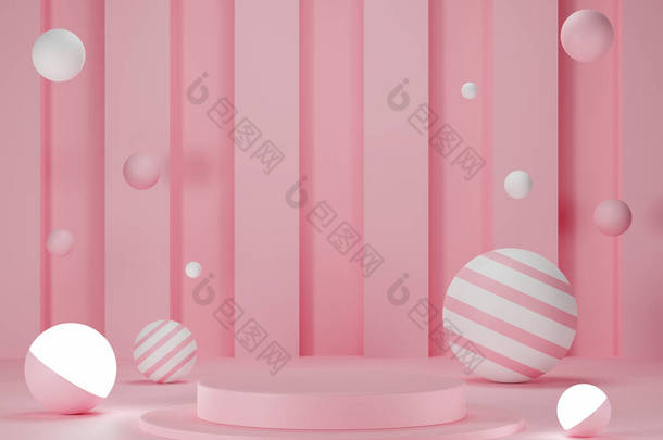 带抽象几何形状的浅粉色背景上三维渲染空圆柱形平台.