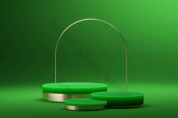 三轮展示架和金属物体作为框架站在绿色背景上.复制空间。空荡荡的地方3d渲染