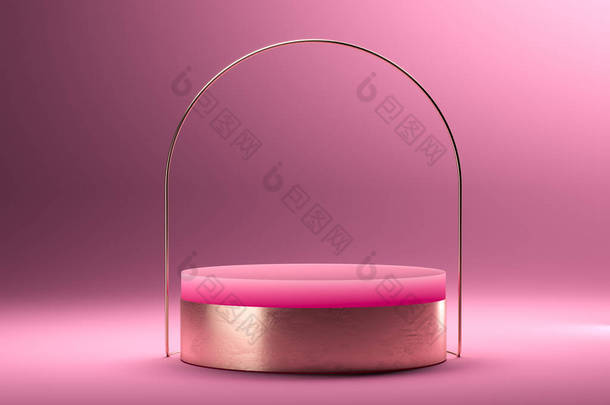 圆形<strong>展示柜</strong>和金属物体作为框架站在粉红色背景。复制空间。空荡荡的地方3d渲染.