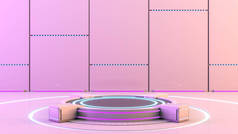 用于产品演示的带有蓝色和紫色发光霓虹灯的未来主义科幻技术空白平台基座，3D渲染