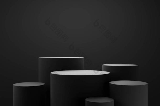 黑色讲台或底座展示在黑暗的背景与圆柱形立场的概念。空白产品货架站立背景.3D渲染.
