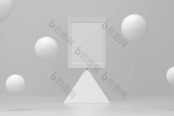 框架讲台上的<strong>金字</strong>塔与泡沫漂浮在白色工作室。最小几何背景形状抽象背景。悬浮<strong>粒子</strong>3D渲染.