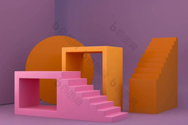 秋天的色彩形状在秋天的色彩抽象的背景上.最小的楼梯讲台。有几何形状的场景。化妆品展示的空陈列柜。时尚杂志3D渲染. 