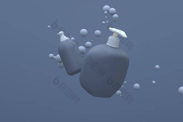 优雅的化妆品瓶子在蓝色背景的空气中飘扬，有漂浮的球体。现代封面设计。3d说明.