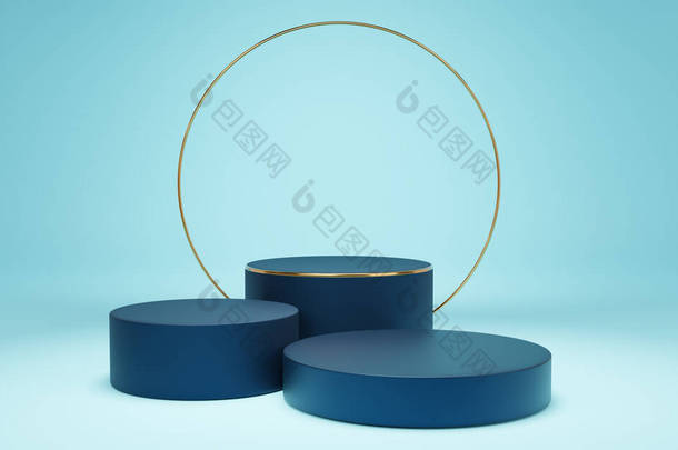 空的蓝色圆柱形讲台，金色边框，蓝色底座上有金圆。摘要最小工作室3D几何形状对象.展示产品设计的模拟空间.3d渲染.