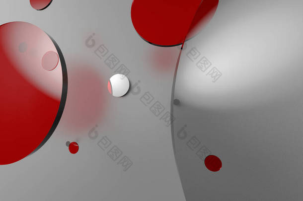 红色<strong>金属</strong>和不透明的<strong>圆圈</strong>和圆筒的彩色背景.透明玻璃图形设计的背景.3D渲染说明