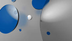 蓝色的金属和不透明的圆圈和圆筒的彩色背景。透明玻璃形状的平面设计背景.3D渲染说明