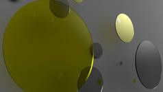 黄色的金属和不透明的圆圈和圆筒的彩色背景.透明玻璃图形设计的背景.3D渲染说明