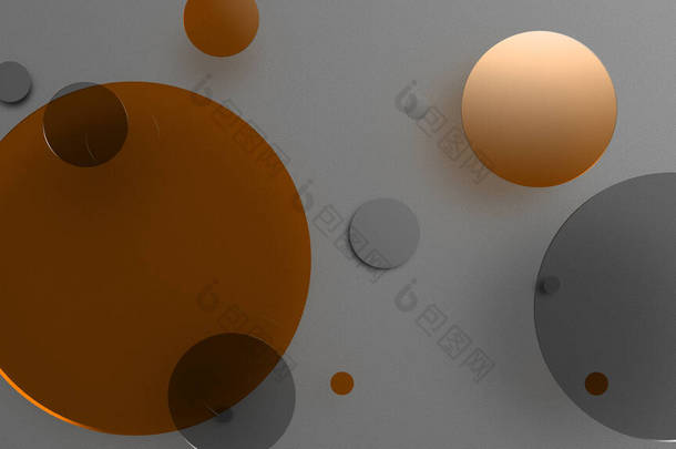橙色金属和不透明的圆圈和圆筒的彩色背景.透明<strong>玻璃</strong>图形设计的背景.3D渲染说明