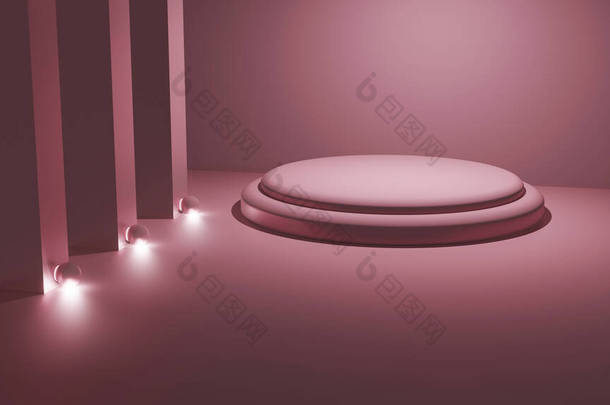 方形房间中浅粉色平台模拟的三维渲染
