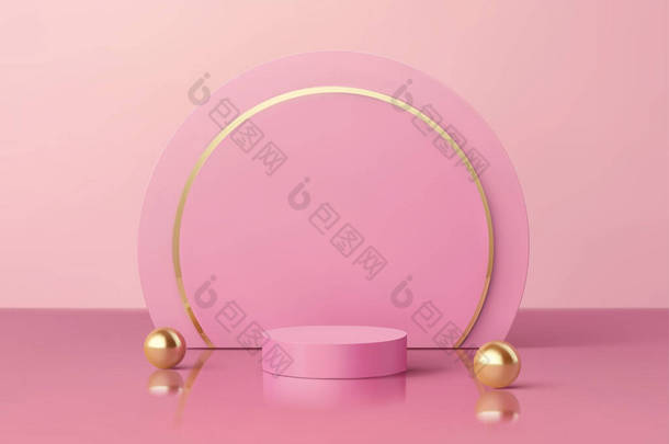 产品展台以樱桃粉红色调装饰珍珠和圆形背景纸，3D插图