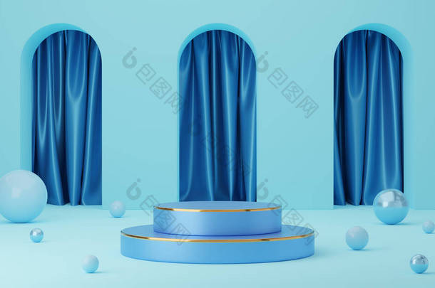 空的蓝色圆柱形讲台，金色边框，拱形和蓝色帷幕背景<strong>球体</strong>。摘要最小工作室3D几何形状对象.展示产品设计的模拟空间.3d渲染.
