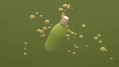 塑料瓶在绿色背景的空气中飘扬着浮球.包装设计。3d说明.