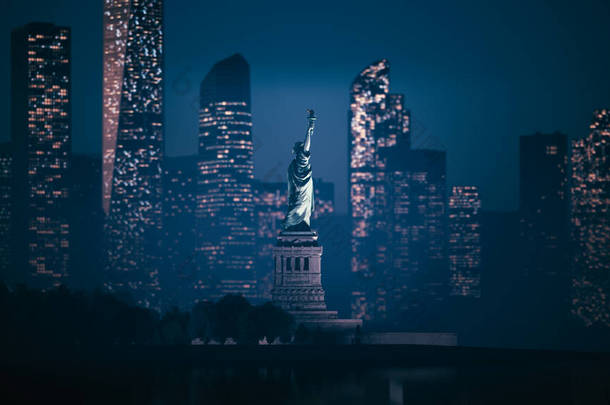 夜间摩天大楼背景上的自由女神像.曼哈顿下城的自由女神像3d说明