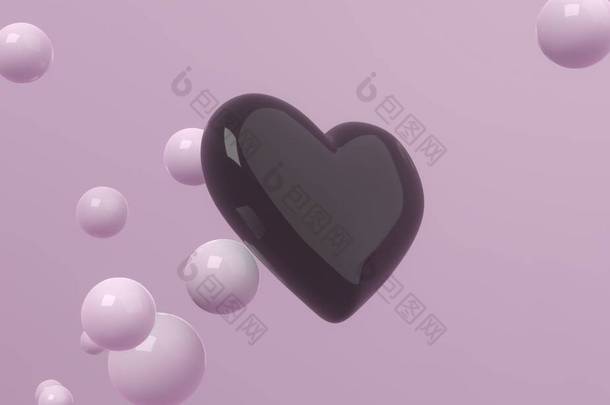 宽大光滑的心带着漂浮的球体，在浅紫色背景的空气中飞翔。现代封面设计。3d说明.