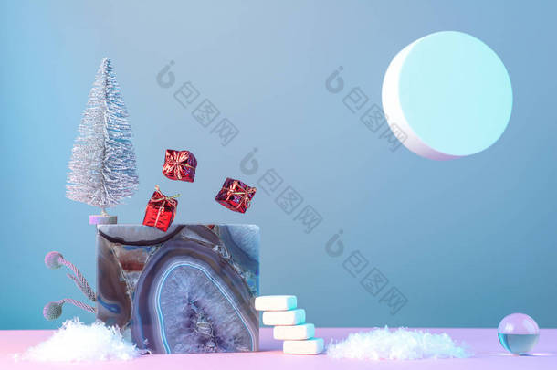 冬季的新年生活，楼梯，圣诞树，太阳，雪和几何形状，粉红蓝色的背景，霓虹灯.