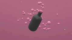 塑料瓶子在紫色背景的空气中飘扬着漂浮的球体。包装设计。3d说明.