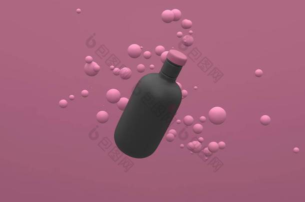 塑料瓶子在<strong>紫色</strong>背景的空气中飘扬着漂浮的球体。<strong>包装设计</strong>。3d说明.