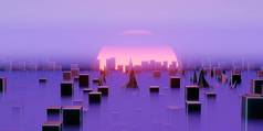 未来的夜晚城市，摩天大楼笼罩在薄雾中，夕阳西下，大城市烟雾弥漫，3D图解