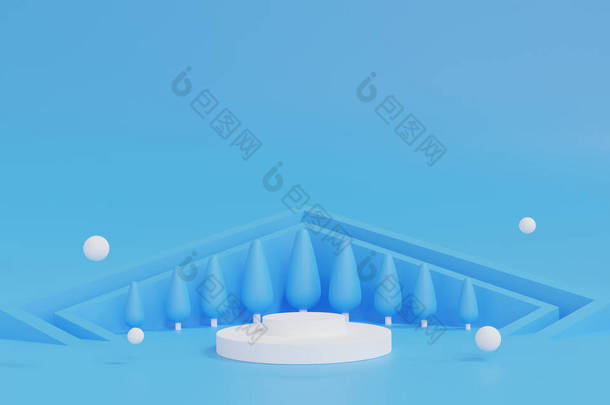 3D渲染抽象的圣诞树场景蓝色背景和白色讲台与明星雪花和礼品盒。在寒假的粉刷背景下，献上可爱的圣诞和新年佳节