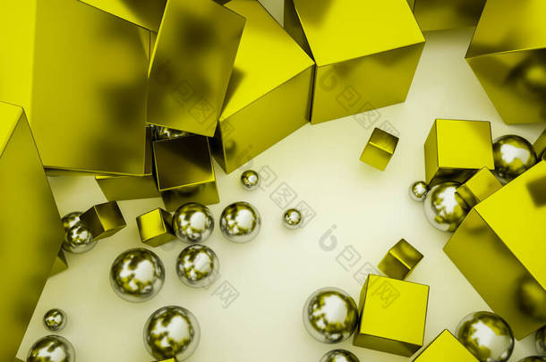 <strong>彩色球</strong>体和金色立方体的抽象背景。3D渲染说明