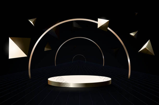 3D podium composition. Abstract gold minimal geometric futuristic technology concept background. Vec