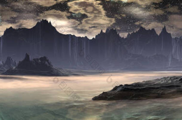 幻想的外星星球山和湖。全景。3D插图