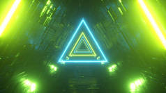 带有霓虹灯三角形的科幻隧道。不停地向前飞。现代霓虹灯照明。3d说明