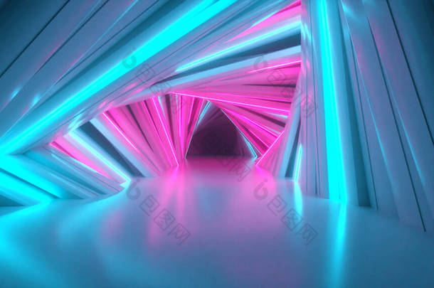文摘:霓虹灯三角隧道技术.无尽的漩涡动画背景。现代霓虹灯。明亮的霓虹灯线闪烁着光芒向前移动.3d说明