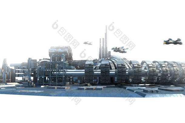 带有金属建筑结构和悬空飞行器的未来城市天际线，用于科幻小说背景，带有Z深度通道和3D插图中包含的剪切路径.