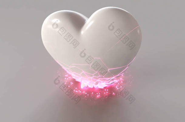 一颗坠落的心在撞击发出粉色光芒的表面时破碎了- - 3D渲染