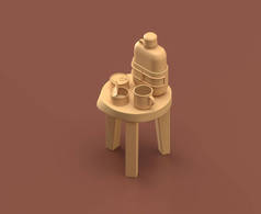 茶壶和杯子放在褐色背景的凳子上，单色单色单色，3D渲染