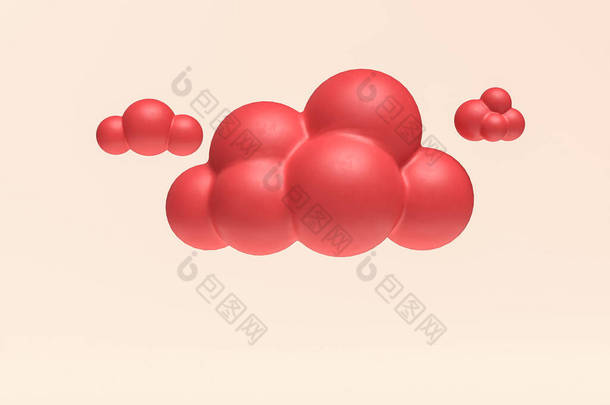 迷你云，3D离子，红色扁平塑料，3D渲染，小红云