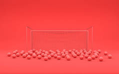 A Goal frame and bunch of football balls after multiple shots in single color monochrome red scene, 