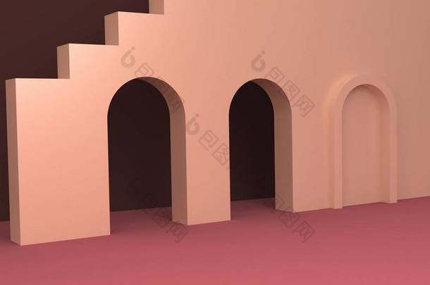 现代孟菲斯的内部与粉红色的墙和拱门。3d渲染