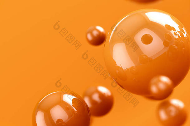 具有3D球体的背景摘要。黄色的泡泡球的3D图解。多姿多彩的设计理念。横幅或传单背景。设计的装饰要素