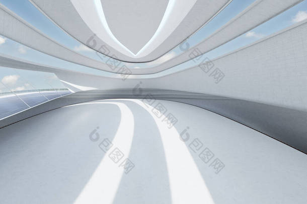 未来的流线型室内空间设计。3D渲染