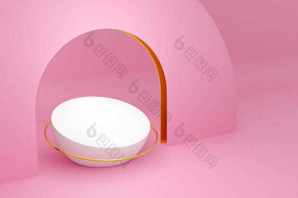 三维的图片说明一个<strong>圆形</strong>的场景，<strong>圆形</strong>的拱门在背面粉红色的背景上。白色<strong>圆形</strong>单色基座的特写.