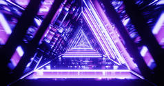 带有三角形、几何隧道、 3D图解的未来主义紫蓝色走廊