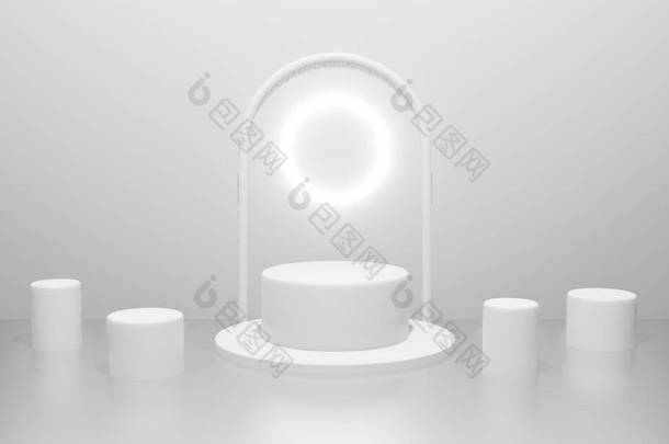 三维渲染为<strong>产品展示</strong>阶段，造型设计。3D白色抽象与霓虹灯。空荡荡的讲台隔离在白色的背景场景中.最小的内部.