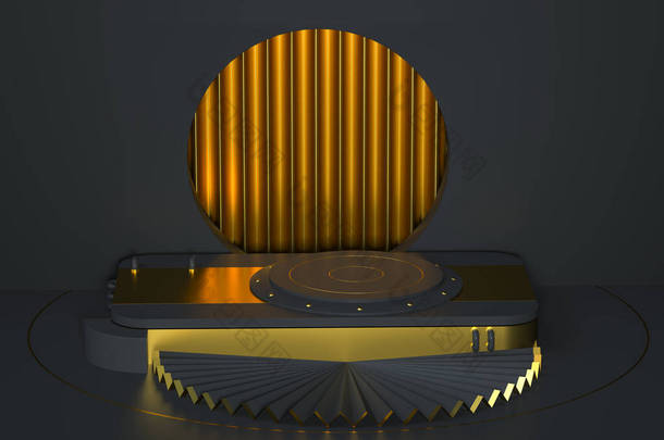 圆形产品舞台与黄金装饰, 3D渲染.计算机数字绘图.