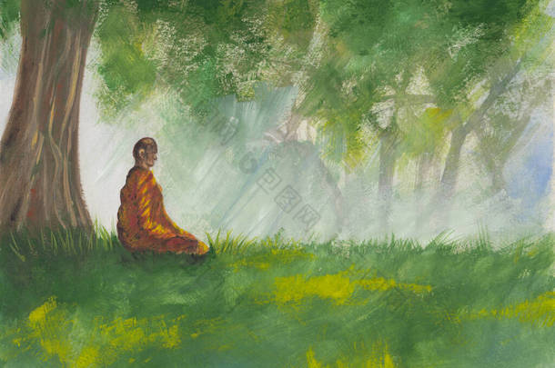用<strong>橘红</strong>色长袍冥想的佛教貂皮画。在阳光下坐在一棵树下的人。和平的亚洲景观,冥想,恢复,放松,装饰.平静的自然绘画.