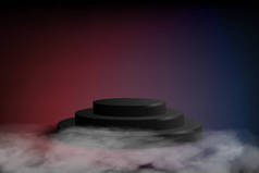 black podium on dark blue and red background. Empty cylinder pedestal for product show, surrounding 