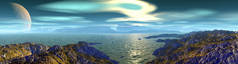 幻想的外星星球山和湖。全景。3D插图