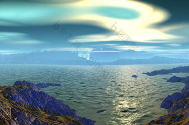幻想的外星<strong>星球</strong>山和湖。<strong>全景</strong>。3D插图