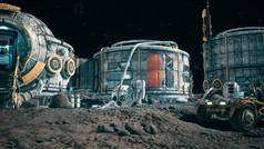月球表面，月球殖民地和宇航员工作在月球基地旁边的月球漫游者的视野。3D渲染.