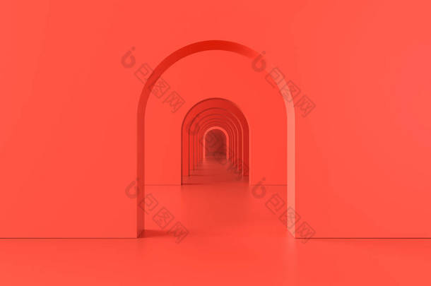 3D渲染。拱廊<strong>简朴</strong>的几何背景,建筑走廊,门廊,拱廊内的空墙.现代最低概念